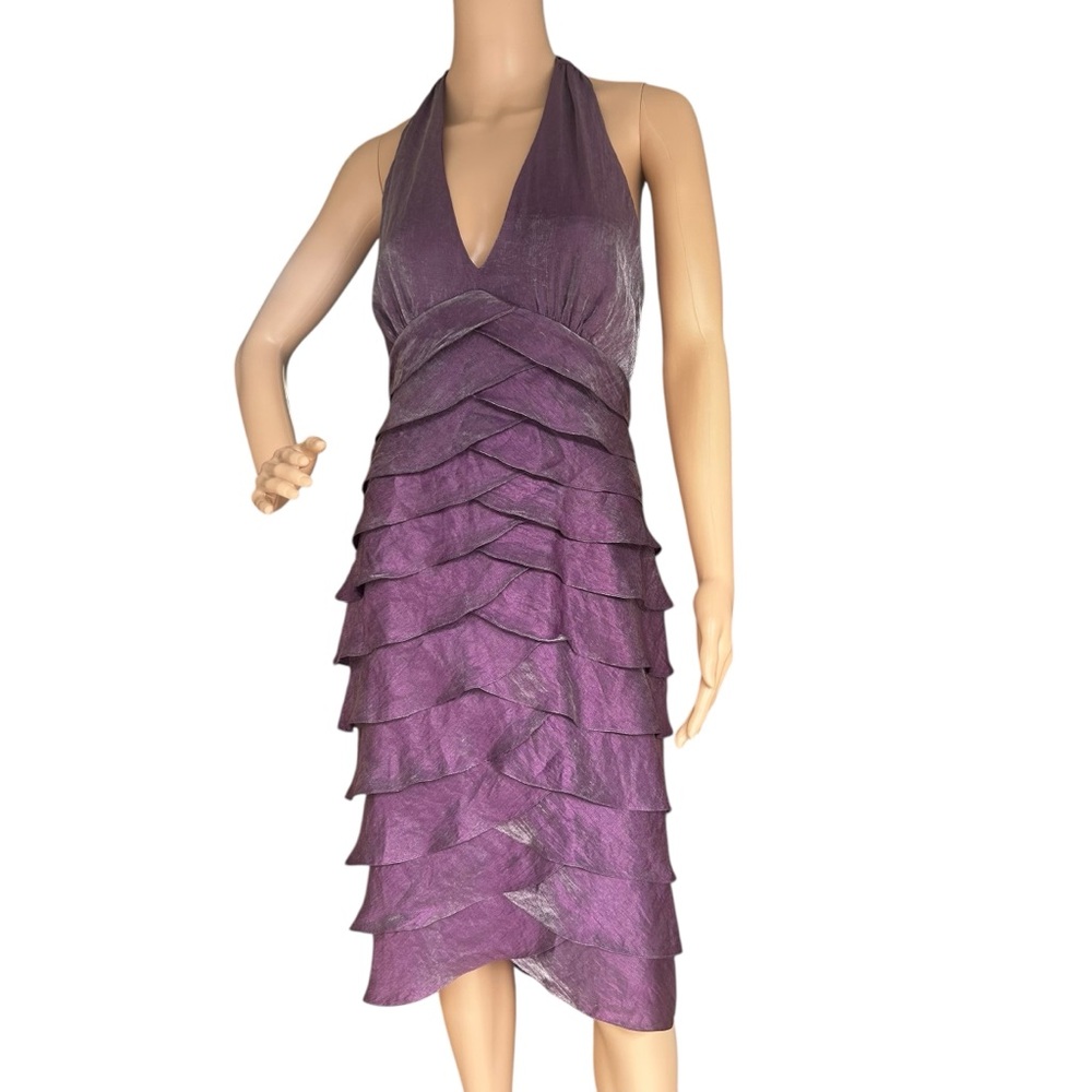 Adrianna Papell Purple Halter Tiered Cocktail Dress Size 12 Satin Sheen